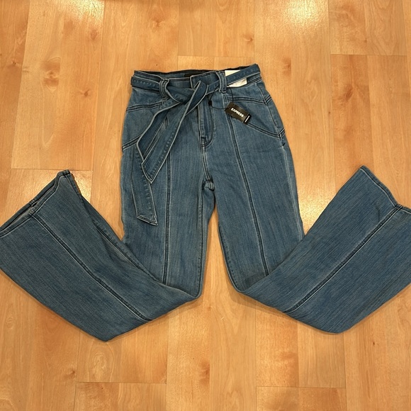 Express women’s Bell Flare Jeans Size OS Super High Rise Tie Waist Stretch Blue - Picture 2 of 8